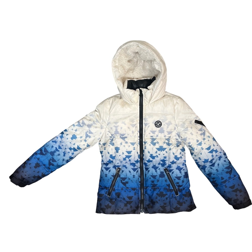 American Eagle Outfitters Puffer Jacket White Blue Hooded Full Zip Womens XS